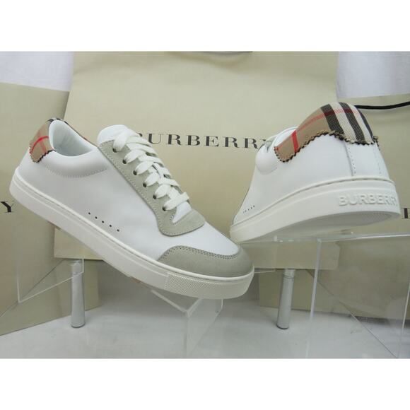 NIB BURBERRY ROBIN WHITE BEIGE CHECK LEATHER LOW LOGO SNEAKERS US 7 40 IT $870 - Picture 11 of 13